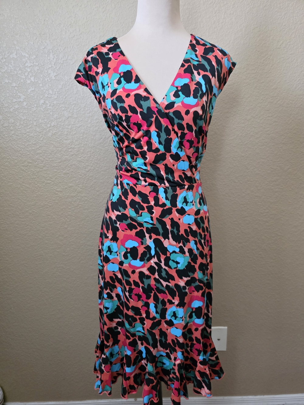 Glamour Coral & Teal Leopard-Print Wrap Midi Dress‎ Casual Work Size 12